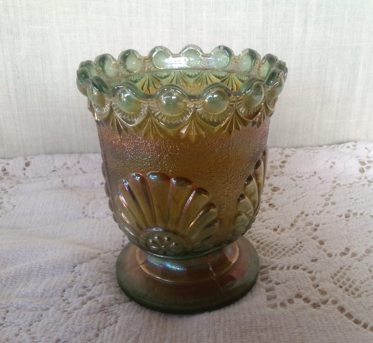Westmoreland green carnival glass pedestal bowl