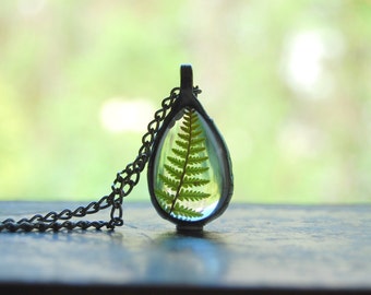 Real fern necklace, dried fern, terrarium necklace, plant jewelry, old silver jewelry, real dried flower, forest necklace, flower child