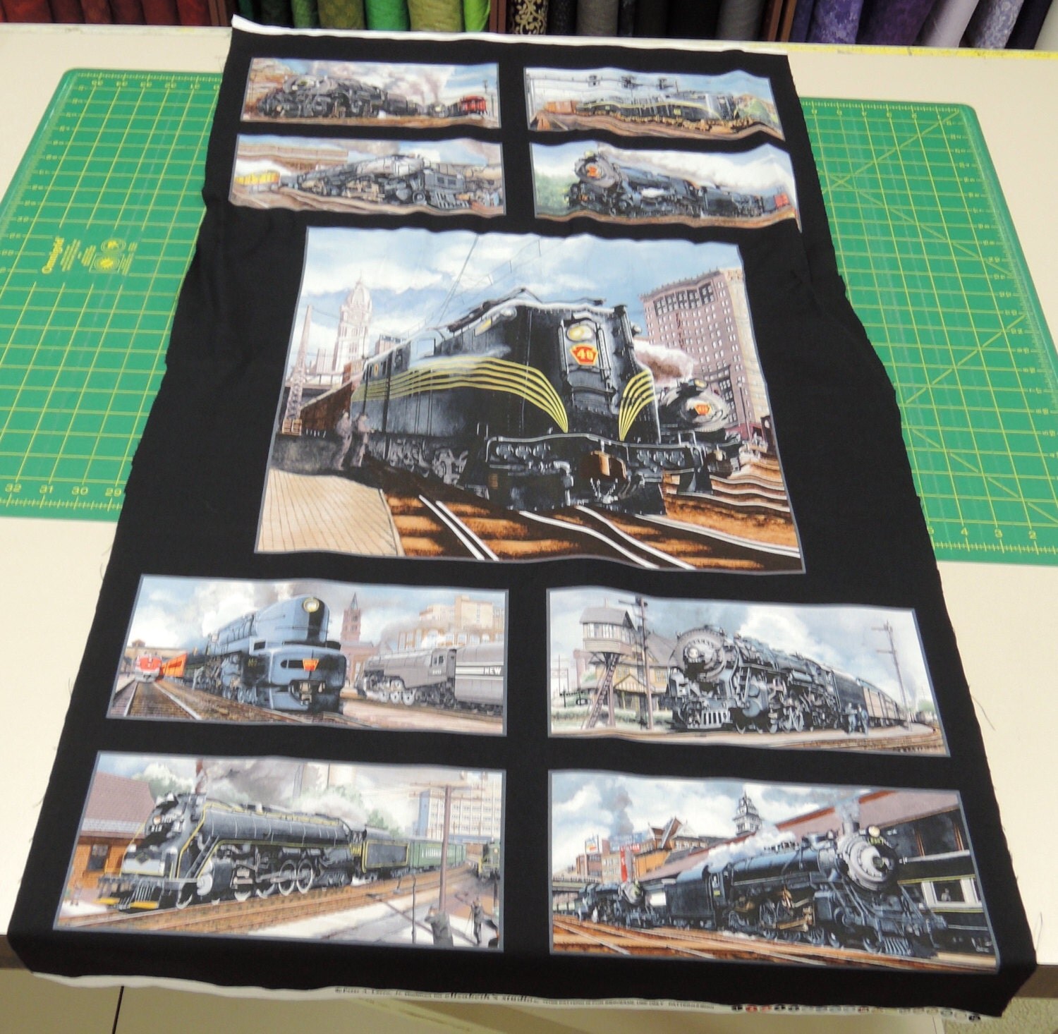 Panel train fabric. All aboard boy quilt by