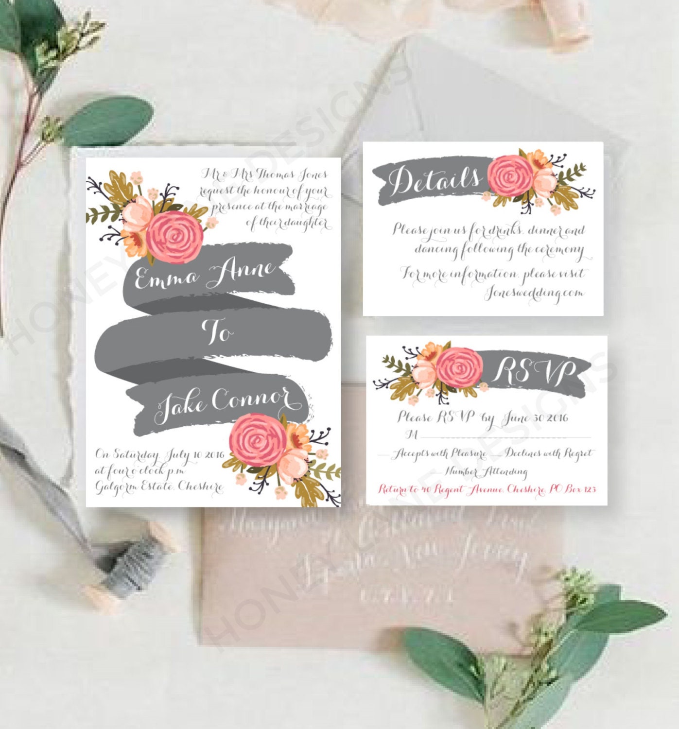 Personalised Printable Wedding Invitation Set Invite RSVP