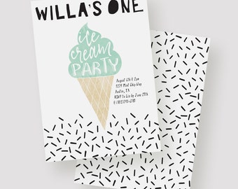 Ice Cream Party Invitation | Ice Cream Birthday Party, Ice Cream Cone, First Birthday, Sprinkles, Mint, Pink, Watercolor Birthday Printable