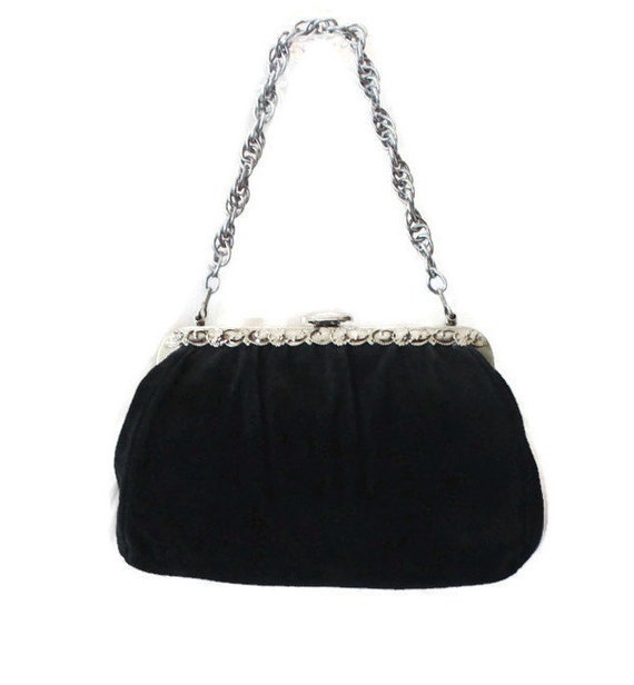 Vintage Black Suede Evening Bag with Silver by HeidisTreasureChest