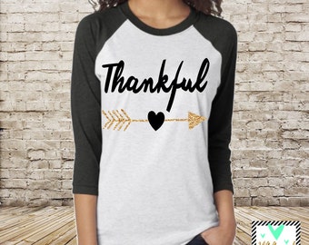 Thankful Shirt with Glitter Accent - Thanksgiving Shirt - Unisex Raglan - Thanksgiving top, Give thanks top, Gobble Gobble Top RUNS LARGE