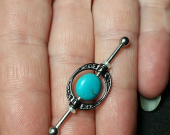 Industrial Barbell - Industrial Piercing Jewelry - Industrial bar earring - Steam Punk - Turquoise Earring - Unique Body Jewelry - 14g