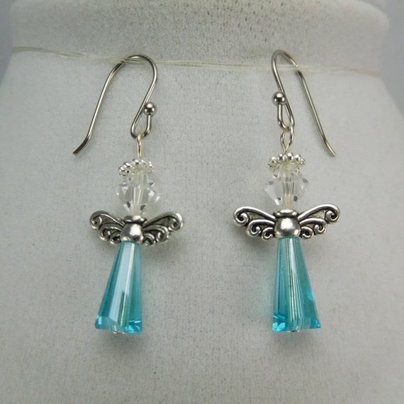 Aqua Crystal Dangle Earring Crystal Angel Earring Silver