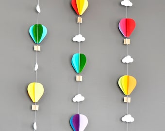 Hot Air Balloons with Tissue Pom Cloud, Up Up and Away, Birthday Party Decor, Nursery Decor, Photo prop