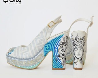 HELLENE - ancient greek shoe, hellenistic high heels, medusa, meander design, hand painted shoe, peep toe summer shoe