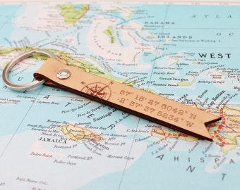 Longitude Latitude Custom Coordinates Personalized Leather GPS Keychain Travel Gift