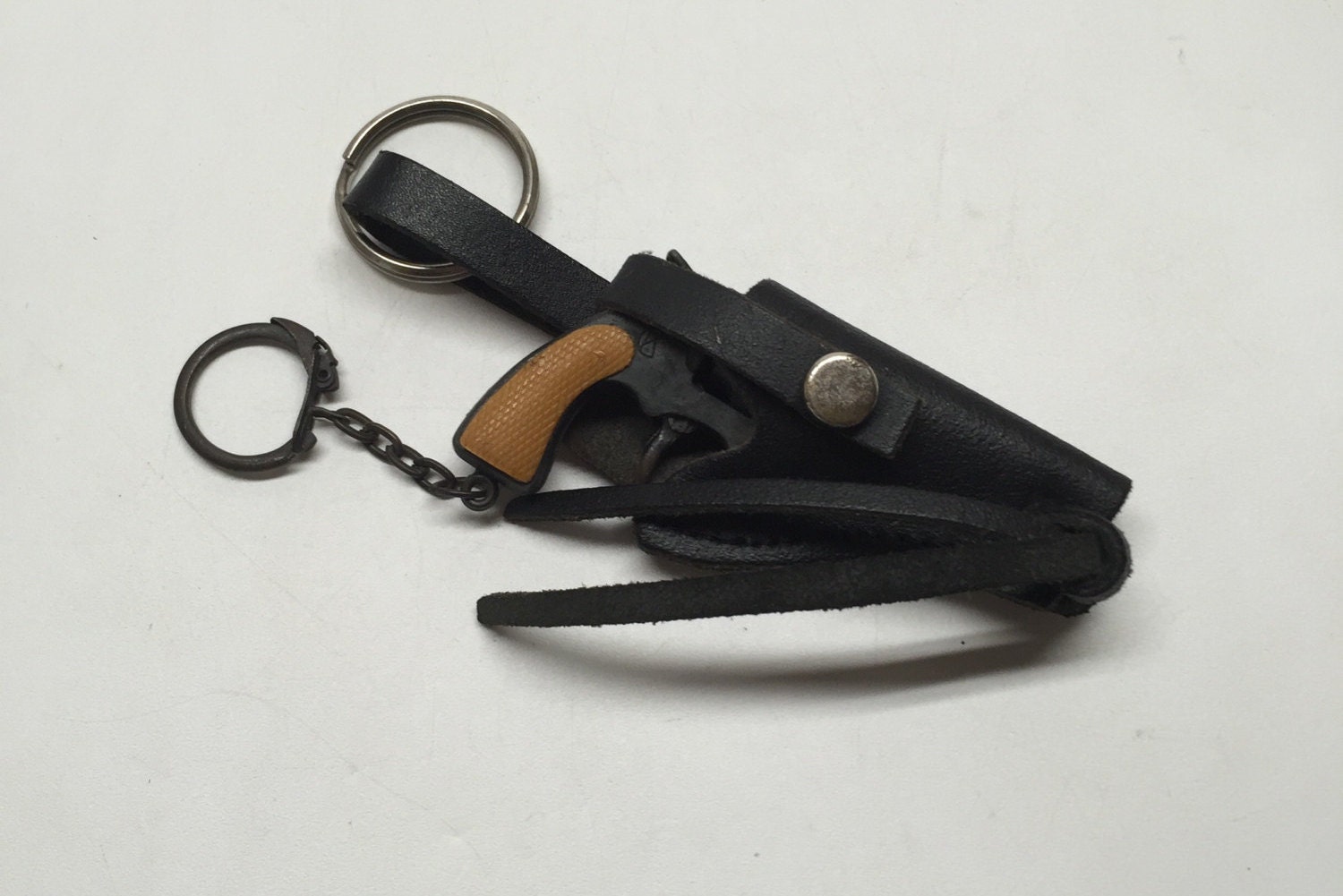 Vintage Metal Gun Revolver Keychain with Leather Holster