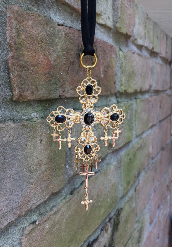 Rearview Mirror Cross Gold Ornate Cross Black and Gold Car