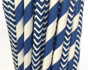 2.85 US Shipping -Navy Blue Paper Straws- Chevron Damask Stripe- Navy Straws - Navy Blue Cake Pop Sticks - Drinking Straws