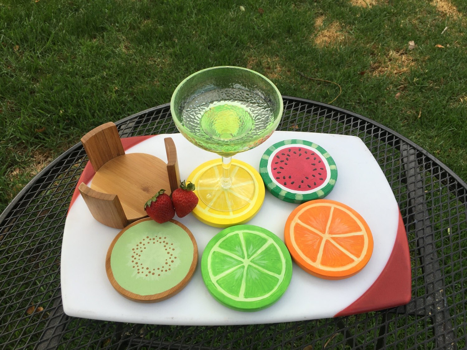 Wooden Fruit Painted Drink Coasters Set of 5 and by CurvesandEdges
