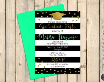 Black and White Graduation Invitation, Mint, Black & White Stripe, Gold Confetti Graduation Party Invite, Glitter Graduation Party, DIGITAL