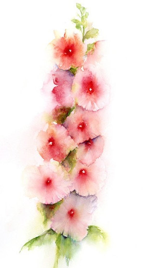 Floral abstract watercolor print, hollyhock flower wall art, summer flowers painting, garden art decor, watercolor flowers, 5x7 print, F10