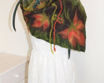 Handmade green - nuno felt scarf, felted wrap with chiffon silk