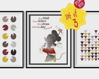 Set of 3 prints, Minnie, Minnie mouse print, Walt disney quote, Girls room decor, geometric poster, art for girls room, baby printables