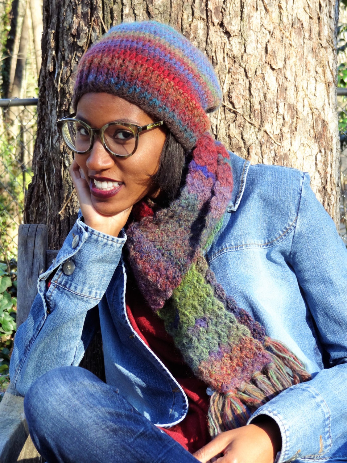 Slouchy Beanie in Ruby Color with shades of Teal Burgundy