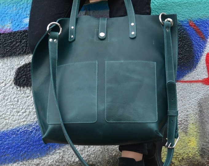 Leather shopper bag Emerald Tote bag Leather Handbag Large tote bag Green leather tote Tote bag with pockets Gift for her Gift for woman