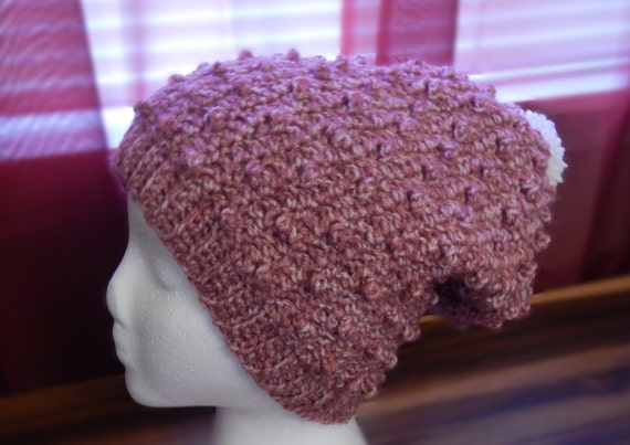 Pink and White Slouchy Bobble Hat with Pom Pom Winter