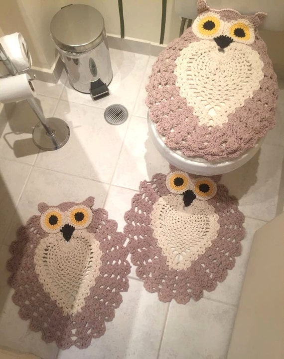 Bathroom Decor Crochet Set Toilet seat cover Beige Owl