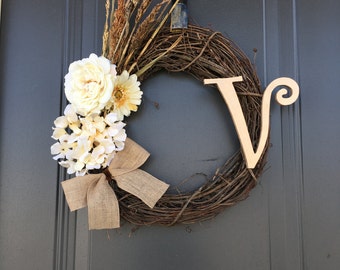 Floral Fall Wrerath, Rustic Wreath, Monogram Wreath, Frontdoor Decor, Door Decor