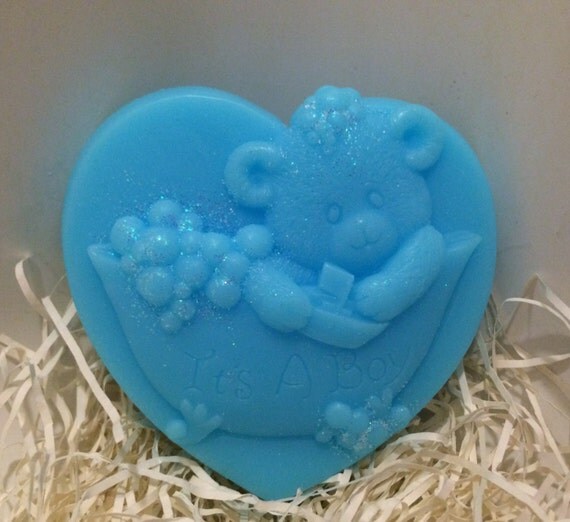Teddy bear soap in a bathtub It's a Boy