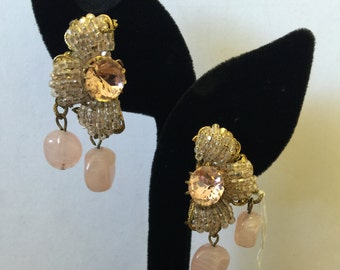 Vintage Pink Flower Earrings, Vintage Flower Earrings, Pink Stone Earrings