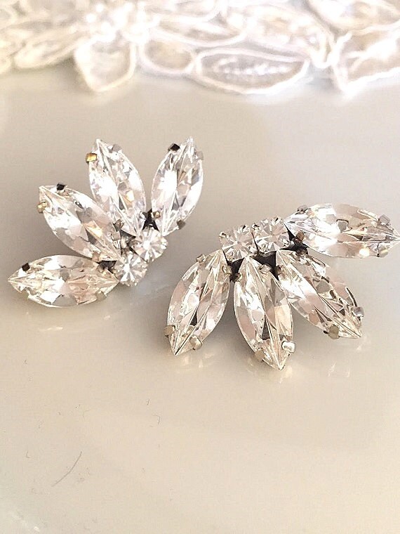 Bridal Vintage Style crystal Earrings Clear swarovski Clip On