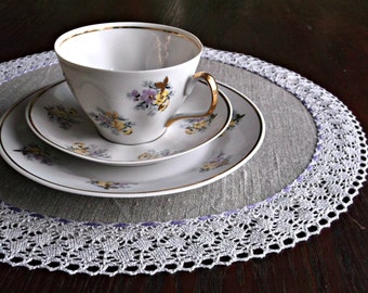 Round table placemats French cloth doilies Small tabletop decor Natural linen grey lace table mats 13 inch 33 cm
