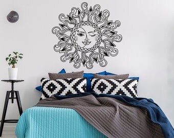 Sun And Moon Vinyl Wall Decal Bedroom- Sun Moon Stars Wall Decal- Sun And Moon Decor Boho Bohemian Wall Decals Headboard Bedroom Dorm #45