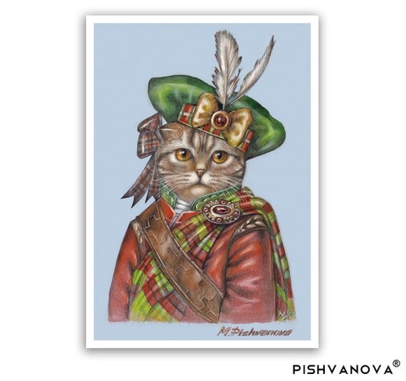 Scottish Fold the Brave Cat Art Print Scotland Kilt
