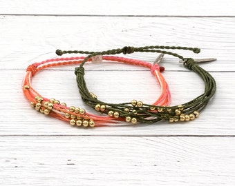 Waxed Cord Surfer Bracelet, Gold Beaded Friendship Bracelet, Stackable Boho Surfer Bracelet, Waterproof Wax Cord Bracelets, Custom Color