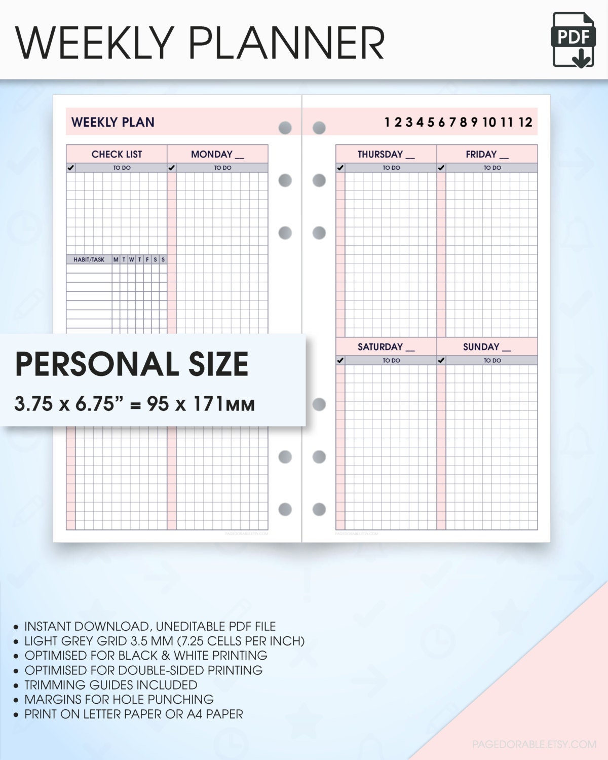 Weekly filofax personal size planner inserts undated printable