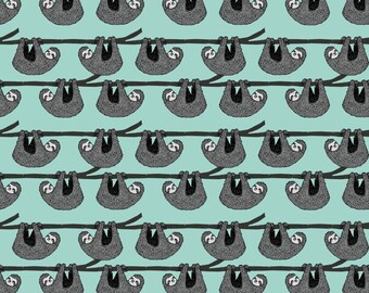 Sloth Quilting Fabric. Fabric by the Yard. Cotton Knit Jersey Minky Fleece. Animal Sloths Black and White Mint Rainforest Zoo Nursery Baby