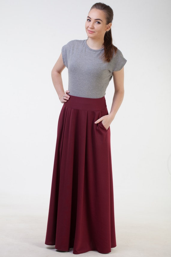Burgundy long skirt with pockets Maxi burgundy skirt Office