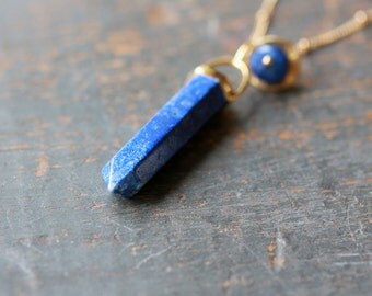 Lapis Lazuli Spear Necklace Gold Filled Dotted Chain Long Pendant Gemstone Point Boho Woman Women's Festival Jewelry