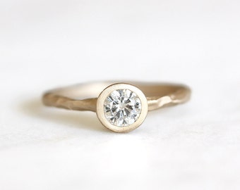 14k gold rustic carved moissanite ring, eco friendly, engagement ring, alternative diamond, ethical, wedding ring, recycled wedding ring