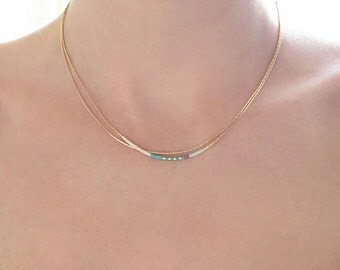 Minimalist Delicate Gold Double Necklace with Tiny Beads // Thin Layering Boho Necklace // Colorful & Simple Necklace