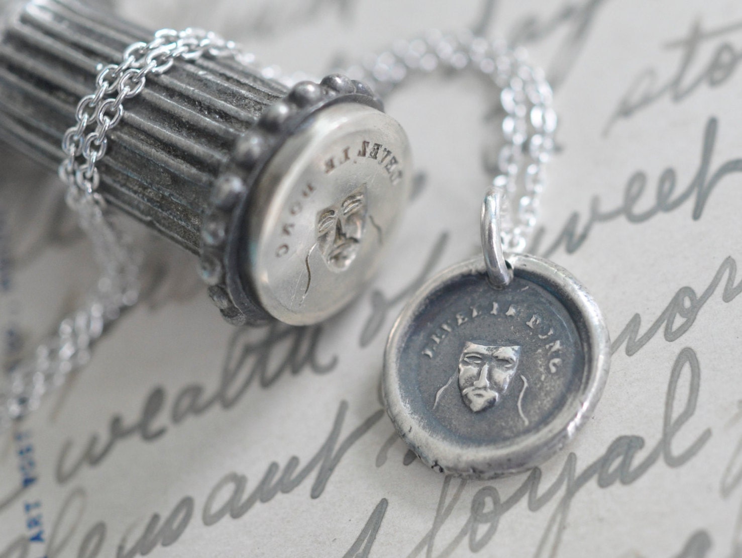 Greek tragedy mask wax seal necklace pendant levez le donc
