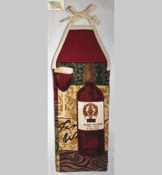 Kitchen Towel Quilted Top with Ties Wine Bottle & Glass