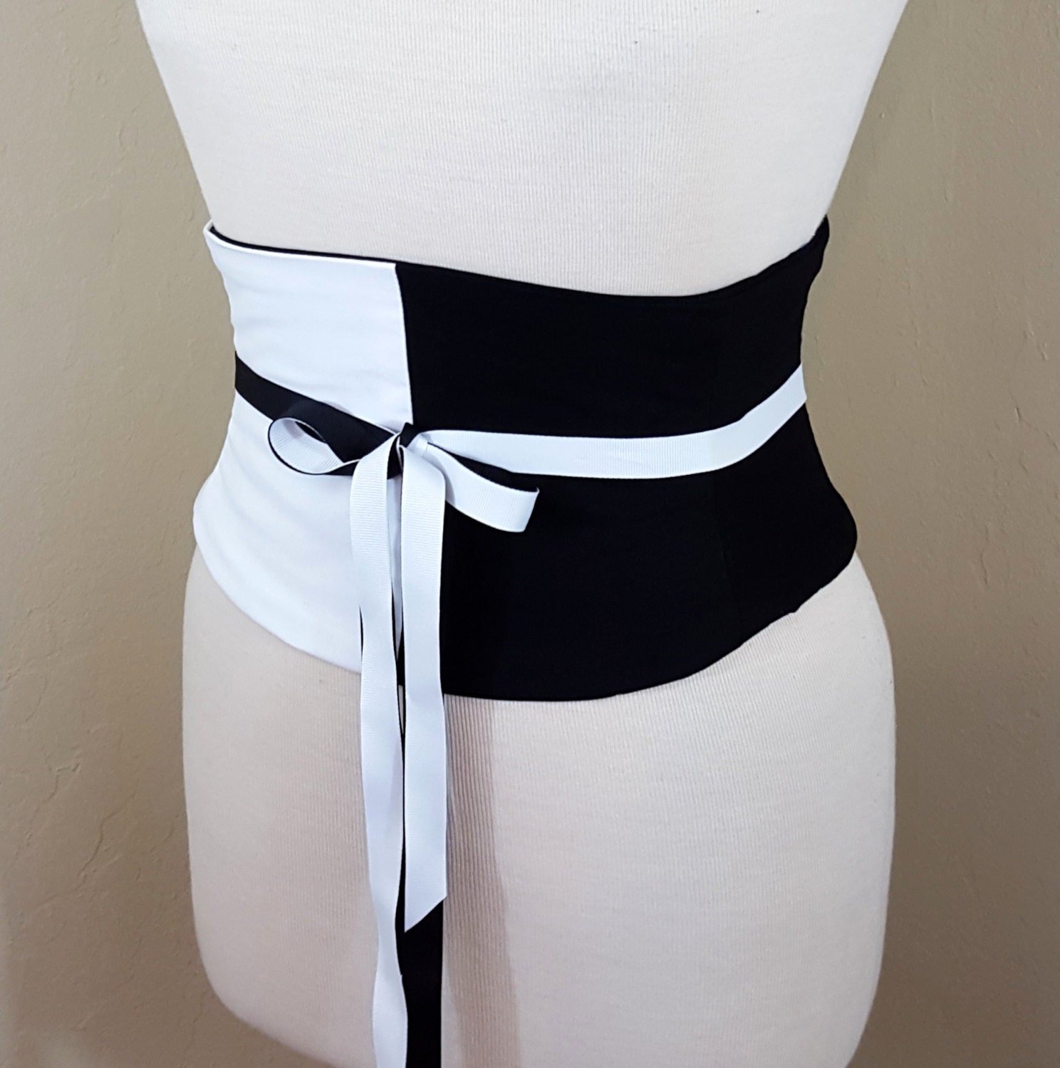 White and Black Half and Half Corset Boned Waist Cincher Belt