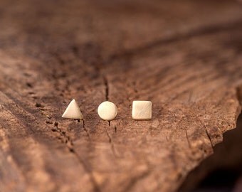 Tiny Solid Gold Earrings Single Geometric Earring set 14k solid gold minimal stud triangle stud square dot circle earring Gold Post earrings