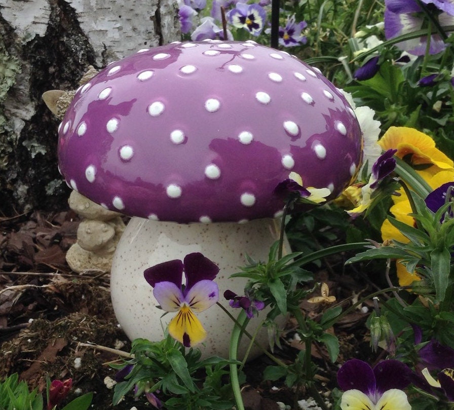Garden Ceramic MUSHROOM Statue Large purple AMANITA fly