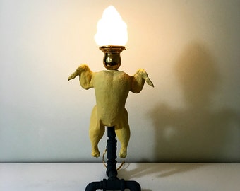 Steampunk table lamp, dancing chicken lamp, flame glass shade, poultry punk industrial pipe lamp