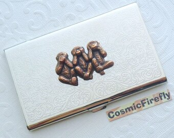 COPPER Monkey Business Card Case Gothic Victorian Vintage Inspired Style Slim Card Holder COPPER Monkeys Silver Plated Case NEW