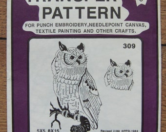 Vintage 80s Embroidery transfers 309 OWL uncut 5 x 5, 8 x 15