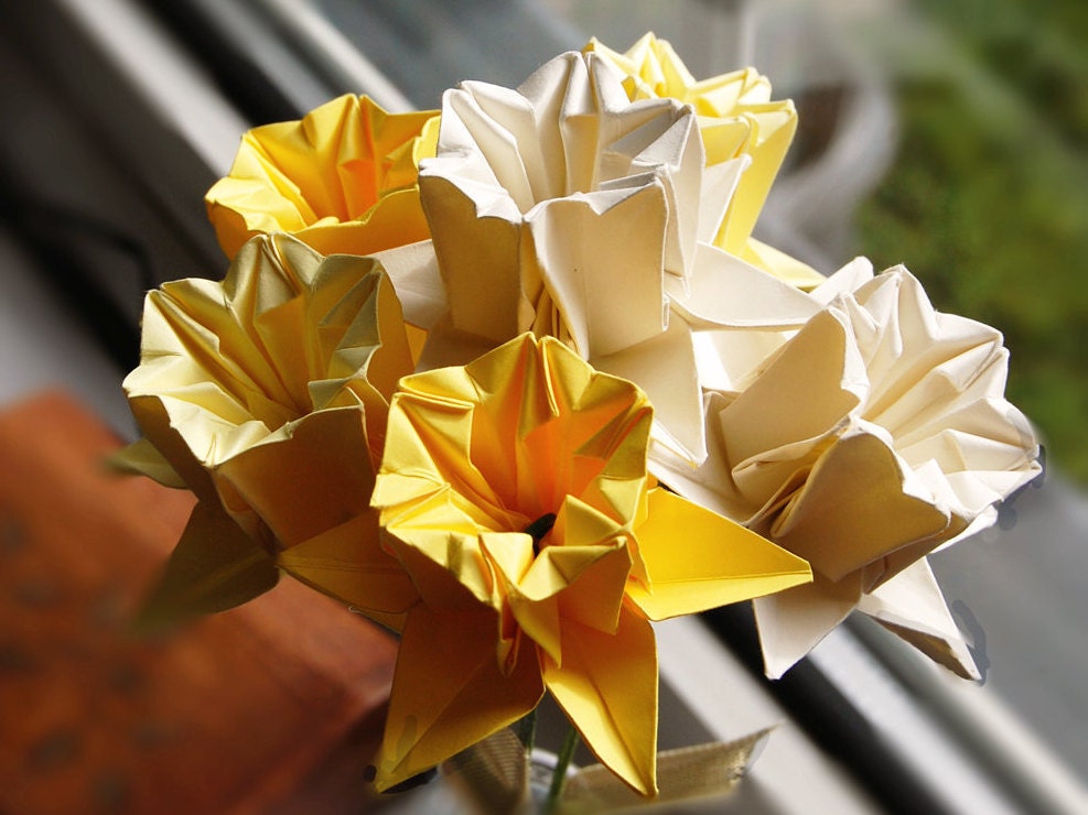 6 Origami Paper Daffodils Artificial Flowers Yellow & Cream