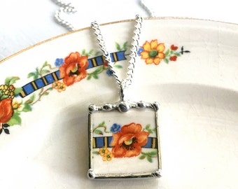 Broken china jewelry. recycled broken china pendant necklace antique orange poppy made from recycled broken china