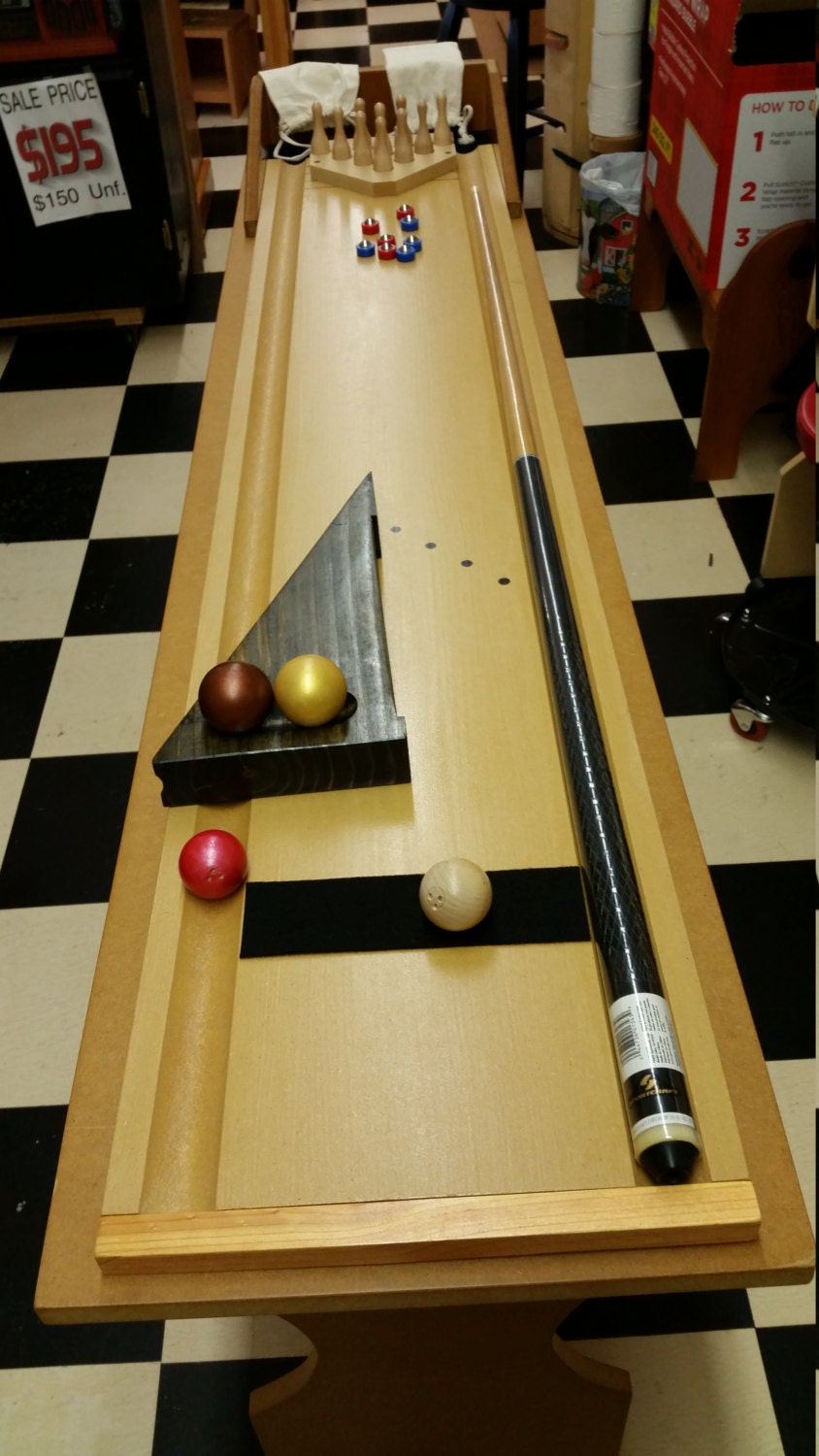 Cue Bowling Plus Mini Shuffleboard Table Top Bowling Game For