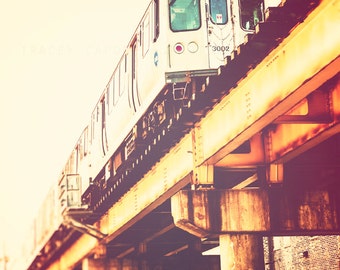 Chicago Art Print - train decor, CTA Blue Line photography - Chicago train photography, urban wall art, yellow, orange, red, teal - Blue